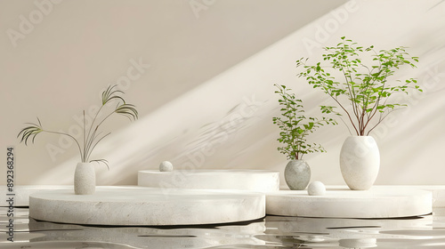 a light 3d rendering concrete platform floats on water with green foliage.