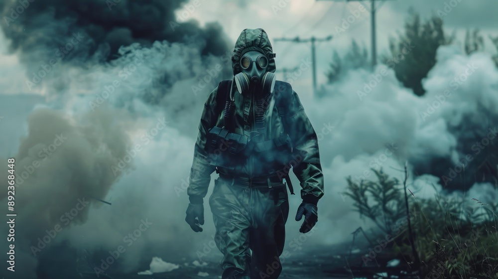 A man in a gas mask is walking through a foggy, smoky environment A man in a gas mask is walking through a foggy, smoky environment