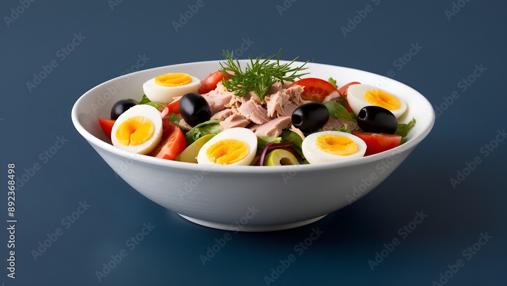 Salade Niçoise A salad with tomatoes, tuna, hard-boiled eggs, and olives. Salade Niçoise A salad with tomatoes, tuna, hard-boiled eggs, and olives.
