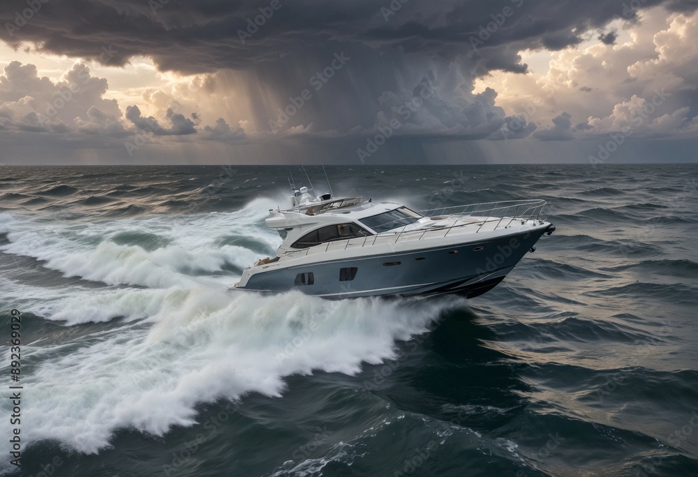 A high-speed boat maneuvering through choppy waters at dawn, with the first light of day breaking through storm clouds
A high-speed boat maneuvering through choppy waters at dawn, with the first light of day breaking through storm clouds