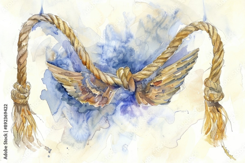 Fototapeta premium A bird is tied to a rope in this watercolor painting