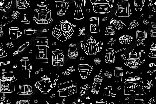 Seamless pattern of hand drawn coffee and tea theme elements in doodle style. Coffee time. Tea shop. Vector illustration EPS10. Isolated on black background