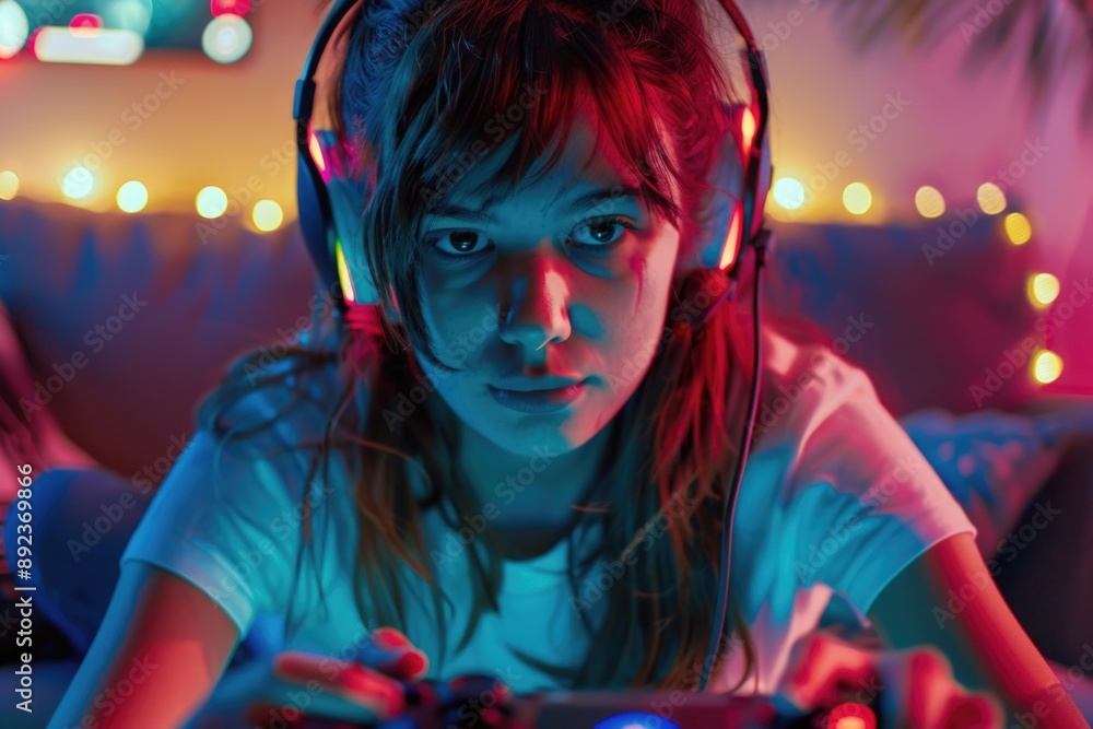 Young girl wearing headphones and focused on playing a video game Young girl wearing headphones and focused on playing a video game
