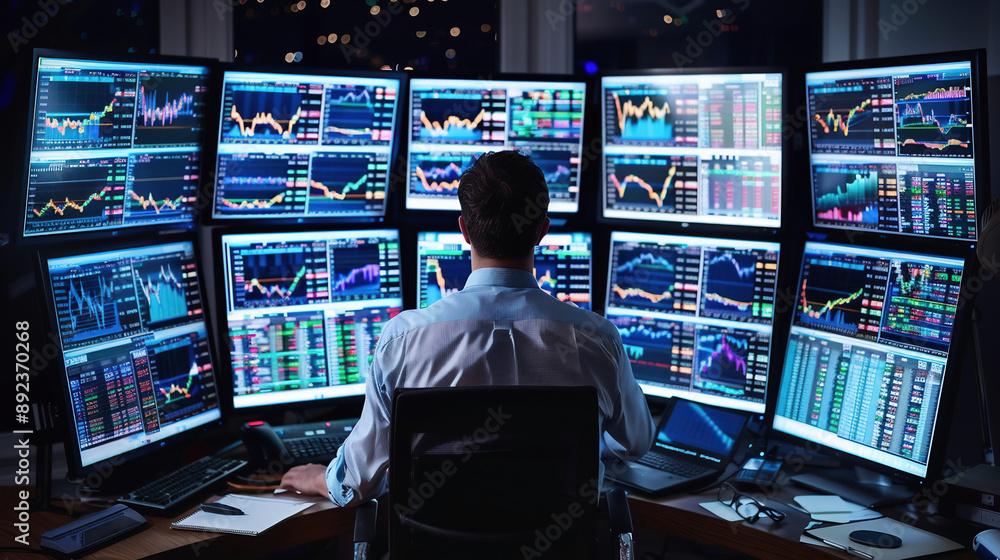 Photo of it specialist guy sitting comfy office chair holding hands on keyboard looking many monitors testing website debugging developer expert Photo of it specialist guy sitting comfy office chair holding hands on keyboard looking many monitors testing website debugging developer expert
