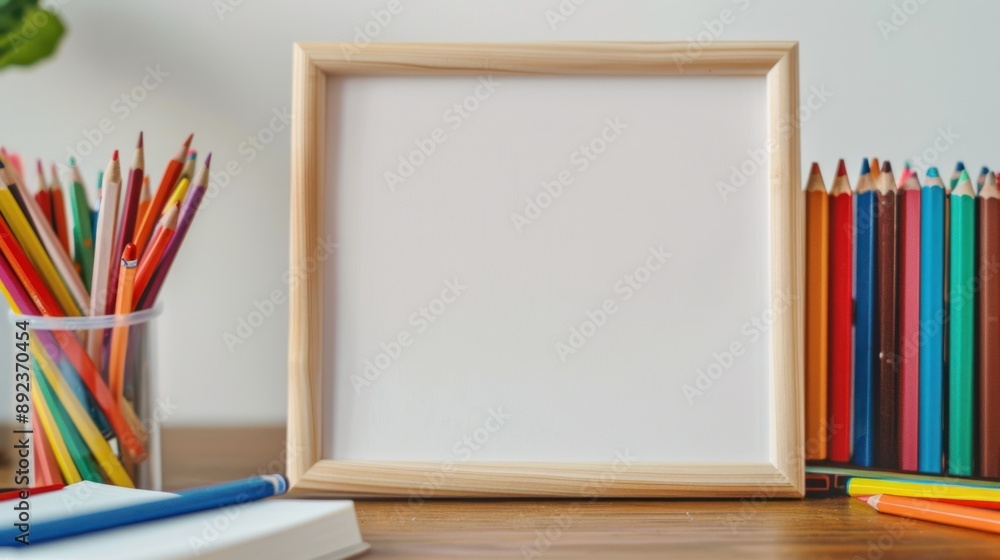 Fototapeta premium Blank Picture Frame with Colored Pencils