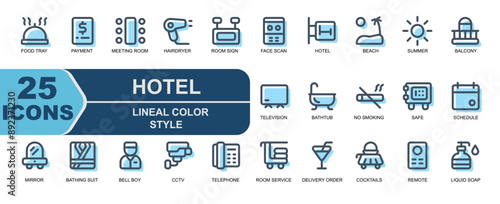 icon set hotel .modern lineal color style.contains balcony,television,bathtub,no smoking,prohibition,safe,schedule,calendar,mirror,beauty,bathing suit,bell boy,waiter,CCTV,security,telephone,service.
