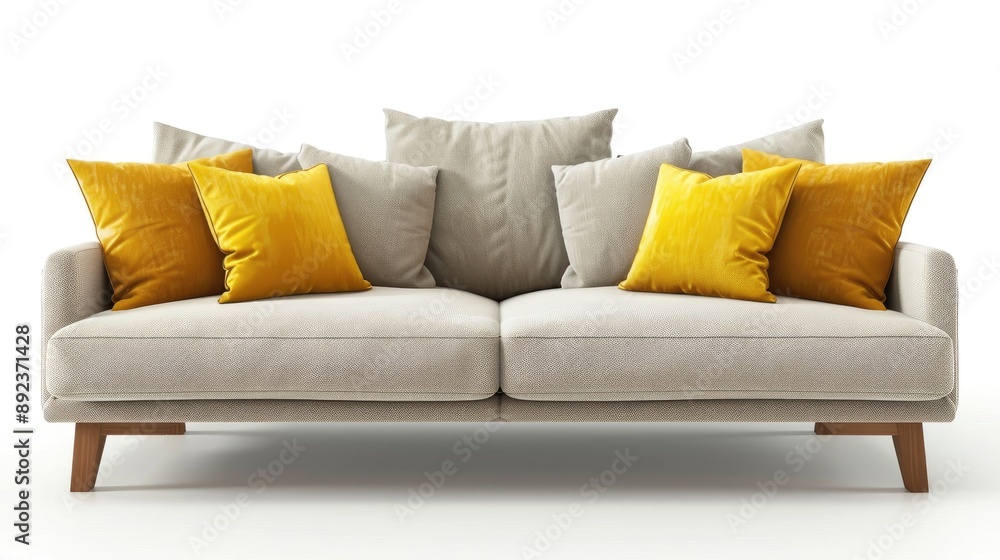 Backless sofa with khaki and yellow pillows empty space Backless sofa with khaki and yellow pillows empty space