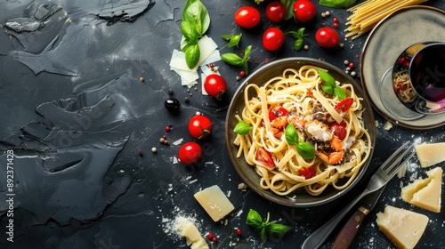 Italian Pasta with Crab Sauce Parmesan Basil and Wine on Stone Background photo