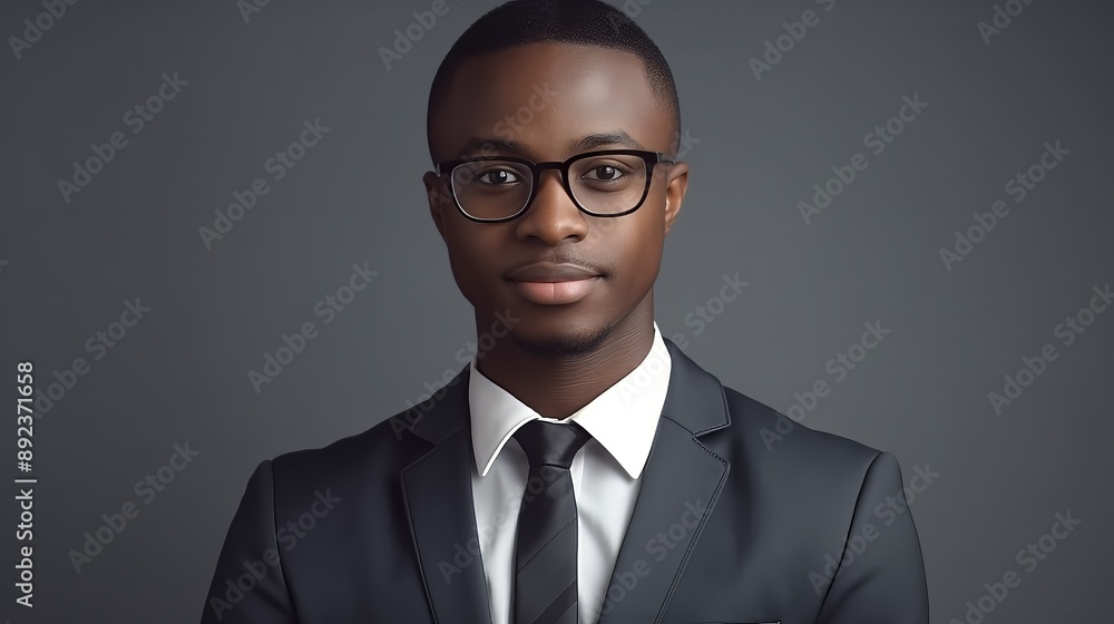 Happy African American young businessman in formal suit wearing glasses portrait. Smiling dark-skinned guy, confident, posing for a photo, looking at the camera, isolated on a gray studio background Happy African American young businessman in formal suit wearing glasses portrait. Smiling dark-skinned guy, confident, posing for a photo, looking at the camera, isolated on a gray studio background