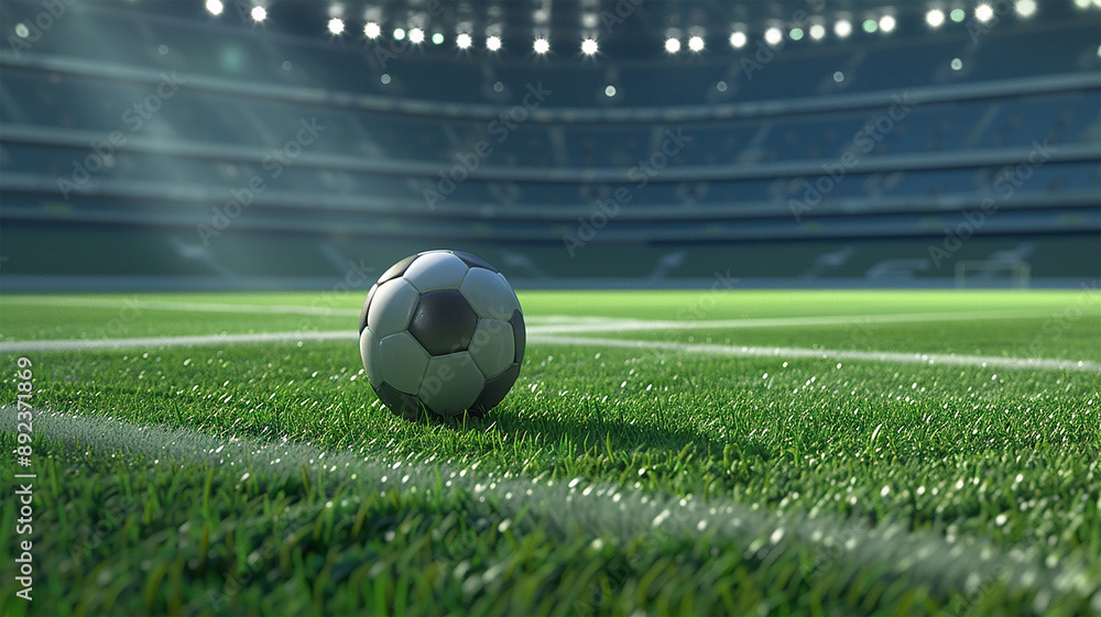 Fototapeta premium wide shot of football on a green ground stadium background soccer photography composition 