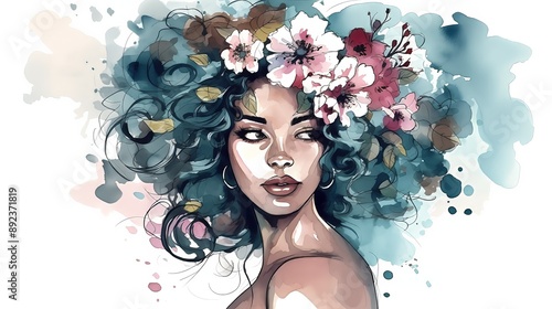 Watercolor art of beautiful black female with flowers in her hair vector illustration. Ideal for printing on fabric or paper, poster or wallpaper