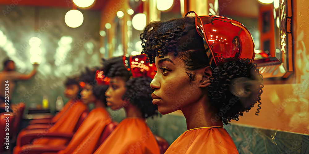 A stylish salon where African American women are pampered and primped, with stylists expertly working their magic on client's hair. A stylish salon where African American women are pampered and primped, with stylists expertly working their magic on client's hair.