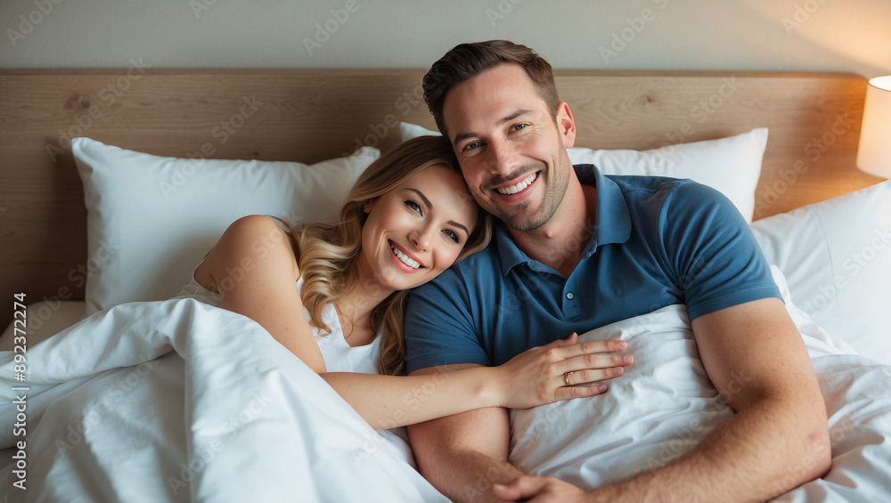 Happy couple, lying in bed, smile at camera. The man has his arm around woman, who rests her head on his shoulder. They both look happy Happy couple, lying in bed, smile at camera. The man has his arm around woman, who rests her head on his shoulder. They both look happy
