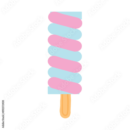 A cute pastel-colored popsicle illustration with pink and blue stripes, on a wooden stick. This whimsical design captures the fun and refreshing essence of a delicious summer treat.