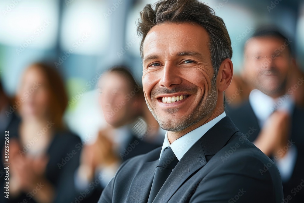 Formal Attire Executive Smiling with Supportive Colleagues Formal Attire Executive Smiling with Supportive Colleagues