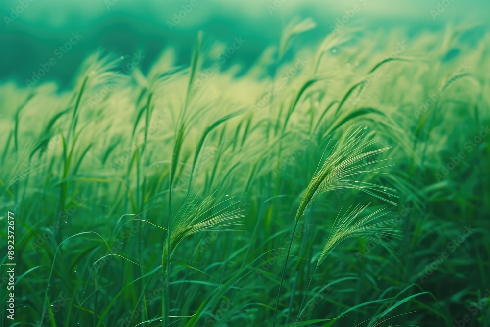 Lush Wheat Field Bathed in Soft Green Light, Windswept Serenity Lush Wheat Field Bathed in Soft Green Light, Windswept Serenity