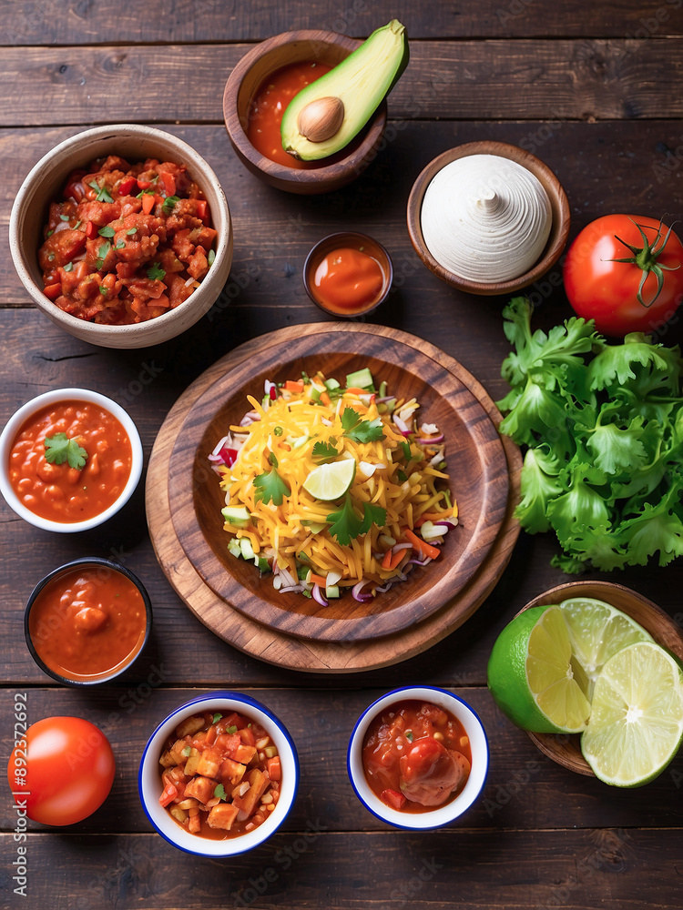 A colorful display of Mexican food ingredients on a dark wooden table. Bowls of salsa, shredded cheese, guacamole, fresh vegetables, and lime wedges create an appetizing setup. A colorful display of Mexican food ingredients on a dark wooden table. Bowls of salsa, shredded cheese, guacamole, fresh vegetables, and lime wedges create an appetizing setup.