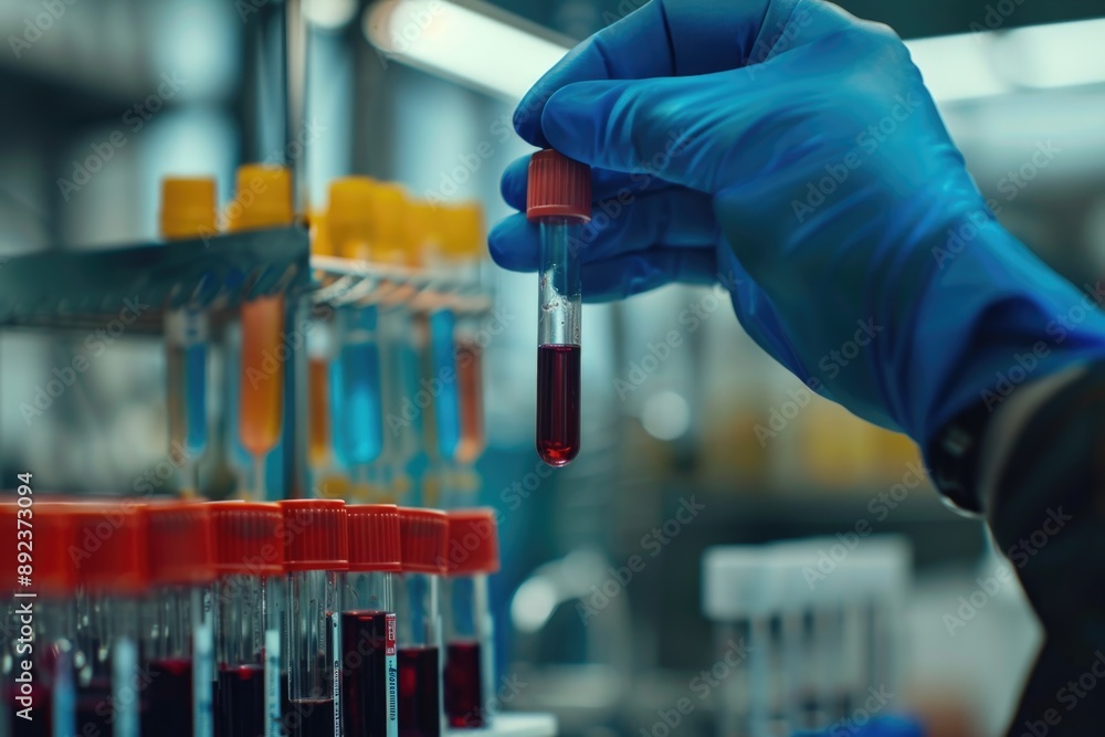 A person wearing a blue glove holds a tube of blood, possibly in a medical or scientific context A person wearing a blue glove holds a tube of blood, possibly in a medical or scientific context