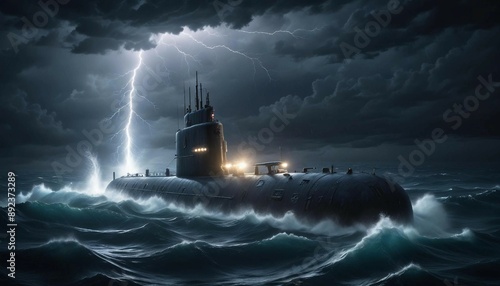 A submarine emerging from the ocean depths during a stormy night, with lightning illuminating the scene
 photo