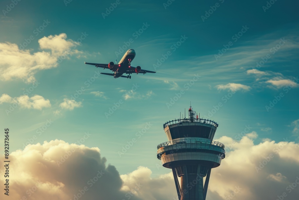 Airplane in Flight Above Control Tower Airplane in Flight Above Control Tower