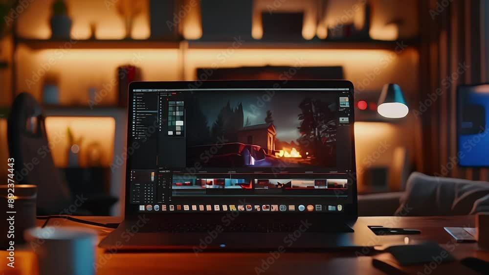 Video editing software or program opened on a laptop device monitor display screen placed on a table or desk in a home room or office interior, daytime sunlight, movie sequence, freelance work Video editing software or program opened on a laptop device monitor display screen placed on a table or desk in a home room or office interior, daytime sunlight, movie sequence, freelance work
