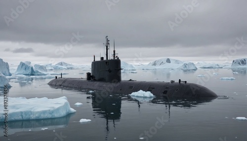 A submarine submerged in icy Arctic waters, with icebergs floating above and a pale, overcast sky
 photo