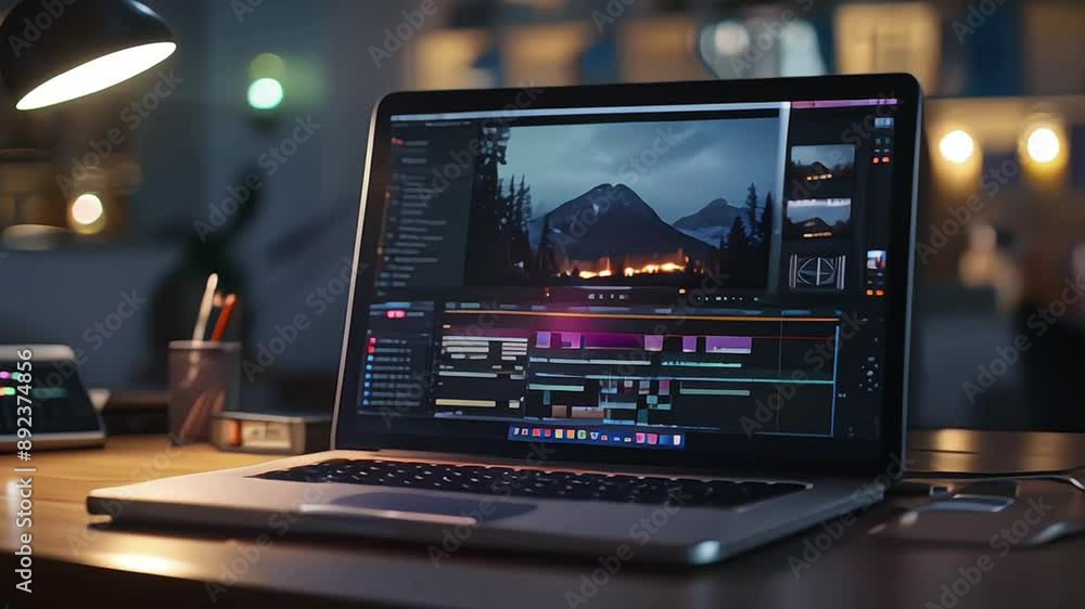 Video editing software or program opened on a laptop device monitor display screen placed on a table or desk in a home room or office interior, daytime sunlight, movie sequence, freelance work Video editing software or program opened on a laptop device monitor display screen placed on a table or desk in a home room or office interior, daytime sunlight, movie sequence, freelance work