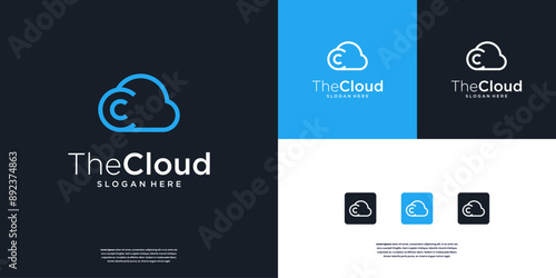 blue sky line art of cloud storage logo design template