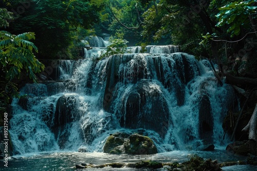 A serene waterfall surrounded by dense foliage and vibrant greenery