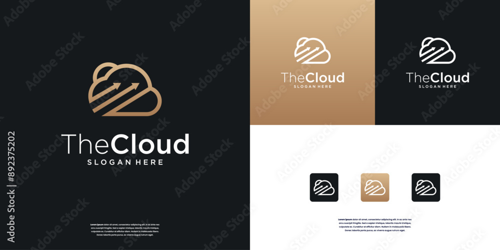 Fototapeta premium golden cloud technology with arrow combination logo design inspiration