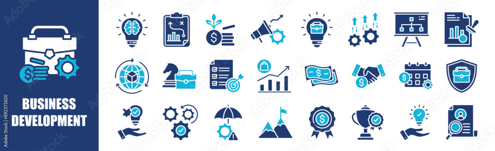 Business Development icon collection set. Containing design, business, development, technology, strategy, teamwork,and more. Solid vector icons collection. Business Development icon collection set. Containing design, business, development, technology, strategy, teamwork,and more. Solid vector icons collection.