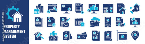 Property Management System icon collection set. Containing design,property, management, system, business, technology,and more. Solid vector icons collection.