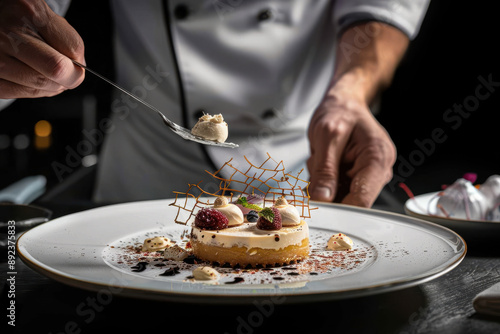 close up horizontal image of a pastry chef finishing to plate a fancy dessert dish in a fine dining restaurant