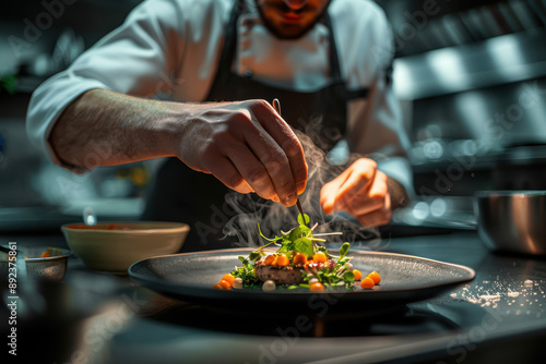 close up horizontal image of a fine dining chef finishing to plate a fancy dish in a restaurant kitchen