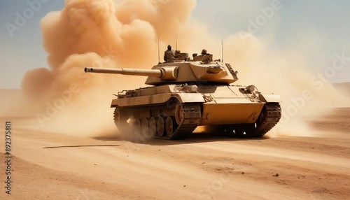 A tank driving across a dusty desert landscape during a blazing midday sun, with heatwaves rising from the ground
 photo