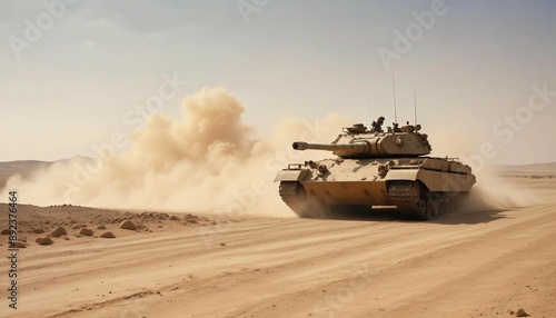 A tank driving across a dusty desert landscape during a blazing midday sun, with heatwaves rising from the ground
 photo