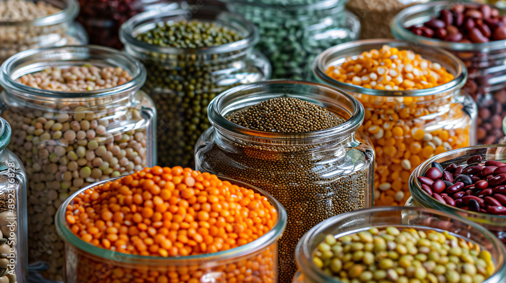 Colorful variety of dried beans and lentils in glass jars Colorful variety of dried beans and lentils in glass jars