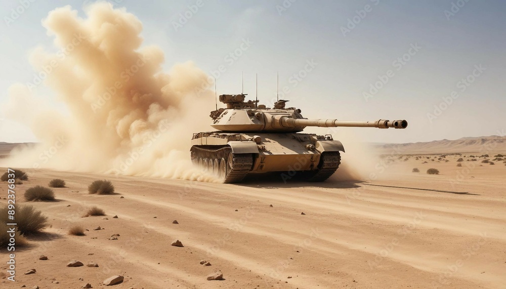 A tank driving across a dusty desert landscape during a blazing midday sun, with heatwaves rising from the ground
A tank driving across a dusty desert landscape during a blazing midday sun, with heatwaves rising from the ground