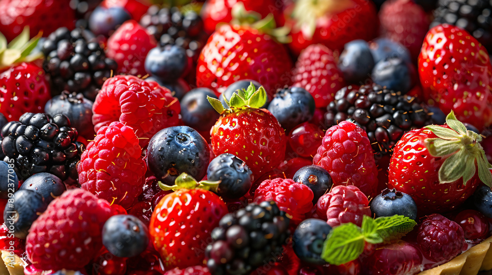 Colorful variety of fresh berries in a French fruit tart Colorful variety of fresh berries in a French fruit tart