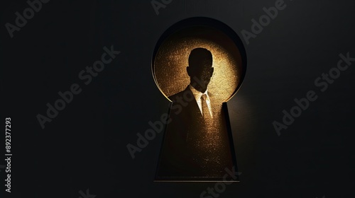 a golden keyhole with a silhouette of a man in a suit and tie inside it, illuminated by a bright light.
