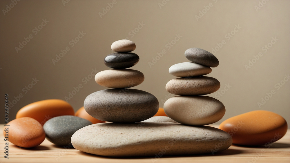 Serene Minimalist Image of Balanced Stones on Wooden Surface Serene Minimalist Image of Balanced Stones on Wooden Surface