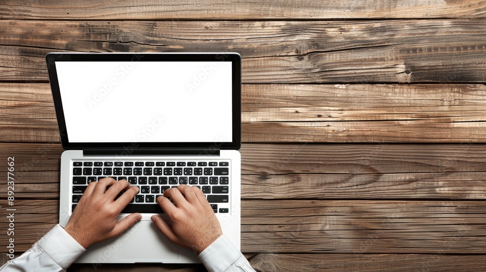 Fototapeta premium A person typing on a laptop with a blank screen on a wooden table.