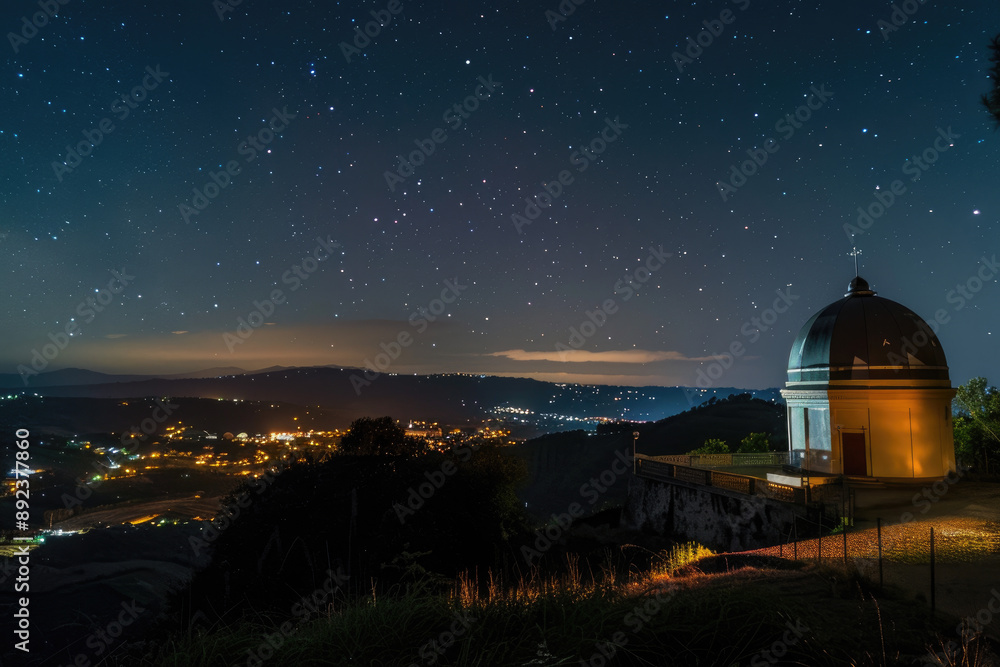 Obraz premium An observatory on a hill overlooks a town at night sky filled with stars and wonder