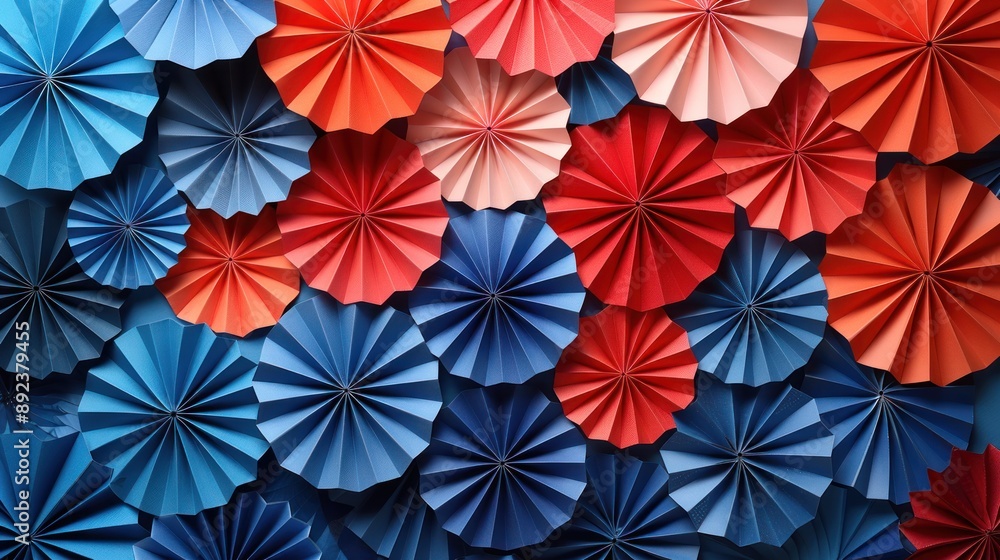 Naklejka premium Colorful paper fans in red, blue, and pink create a vibrant and cheerful wall decoration