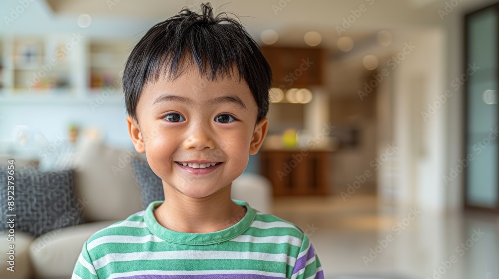 Boy in striped shirt smiles at camera in modern home Boy in striped shirt smiles at camera in modern home