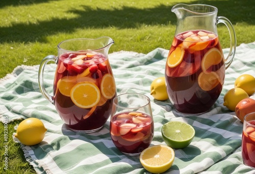 A vibrant sangria in a glass pitcher on a picnic blanket in a lush green park, with the afternoon sun shining brightly.
 photo