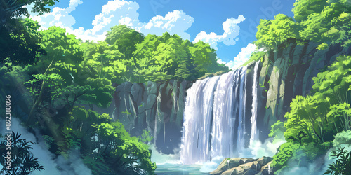 On a sunny day, a luscious waterfall cascades down gracefully in the midst of a lush forested valley. Landscape cartoon illustration.