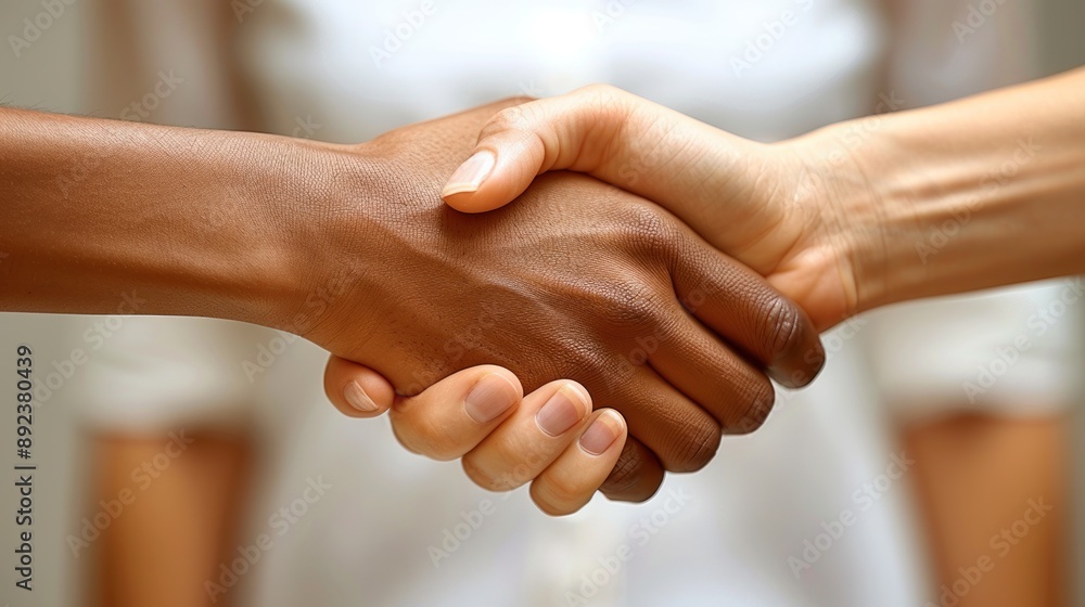 Two hands of different skin tones shake in a gesture of agreement Two hands of different skin tones shake in a gesture of agreement