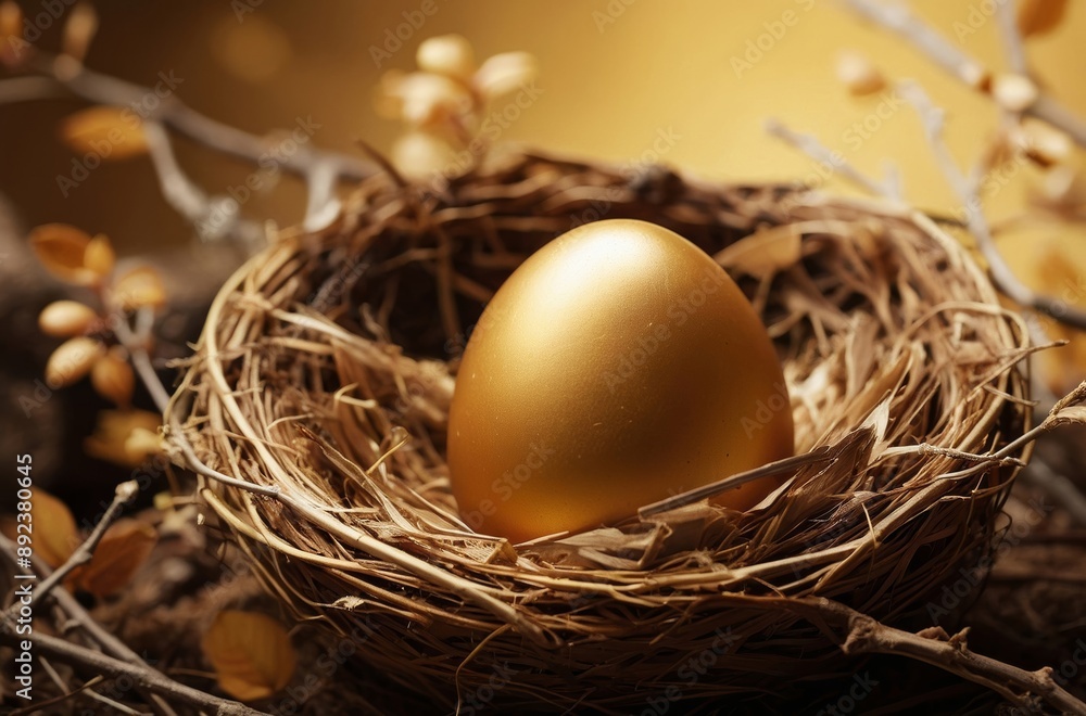 Golden egg in woven nest surrounded by twigs and leaves Golden egg in woven nest surrounded by twigs and leaves