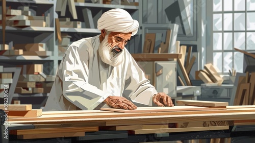 Muslim male carpenter, detailed woodworking, flat design illustration, silk screen art